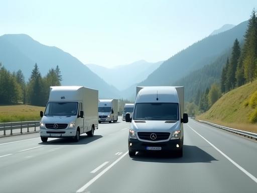 A fleet of modern commercial vans driving on a Swiss highway, representing efficient business travel.