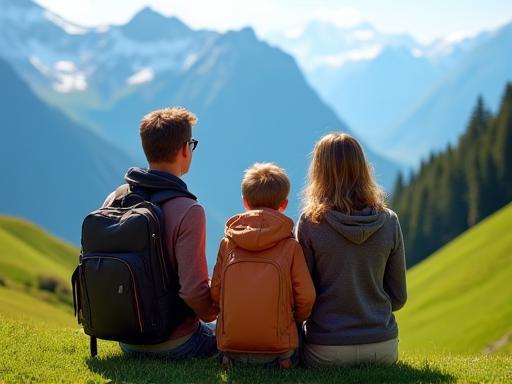 A family of tourists smiling with a beautiful Swiss mountain landscape in the background, illustrating a joyful holiday.